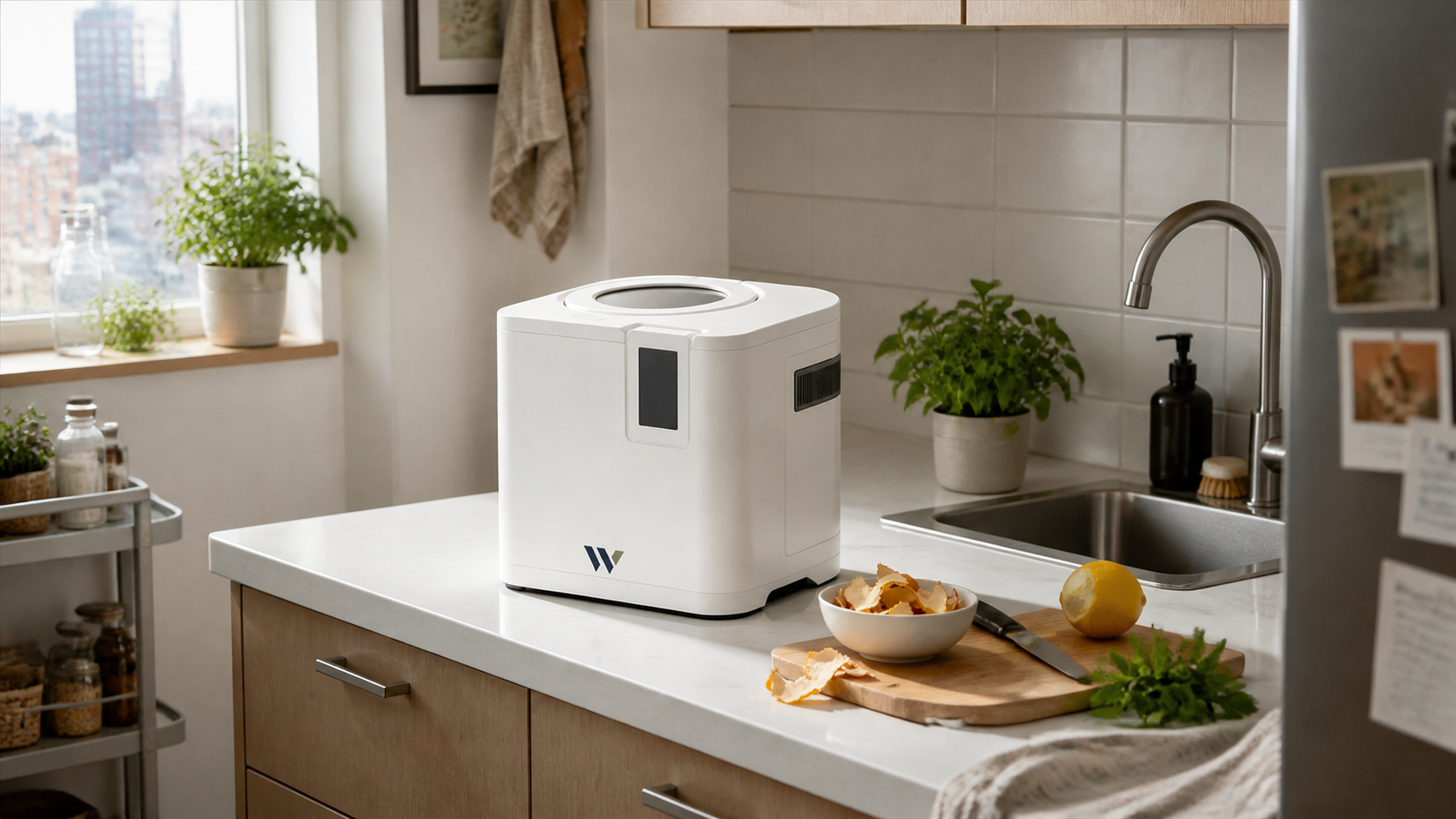 Wawli Element 2 household composter in a compact apartment kitchen