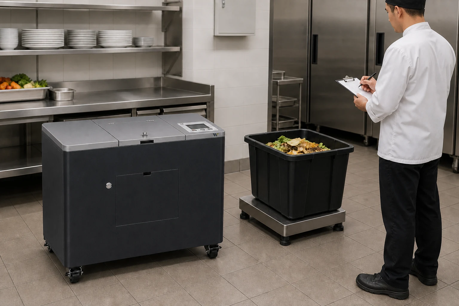 Personnel de cuisine mesurant les déchets alimentaires destinés au traitement sur site