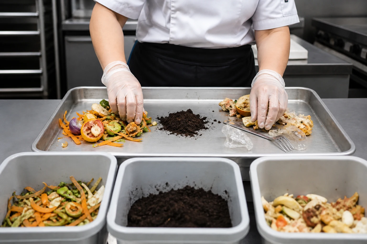 Personnel de cuisine séparant les restes alimentaires des emballages avant traitement