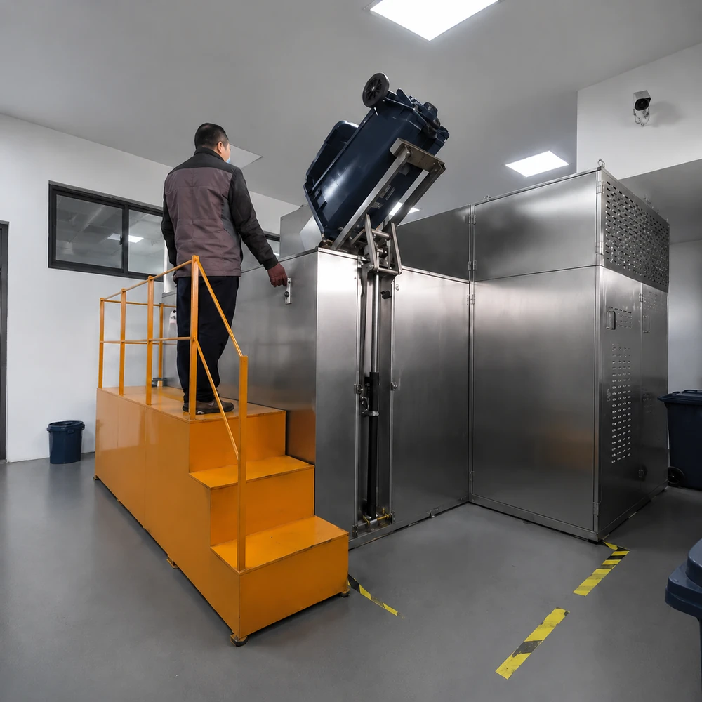 Lève-bac automatique alimentant une unité en acier inoxydable en déchets organiques