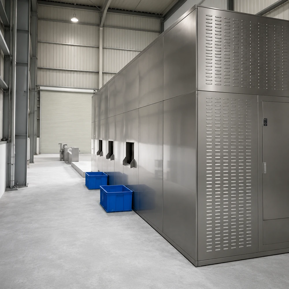 Large-scale stainless-steel organic waste processing installation in an industrial facility