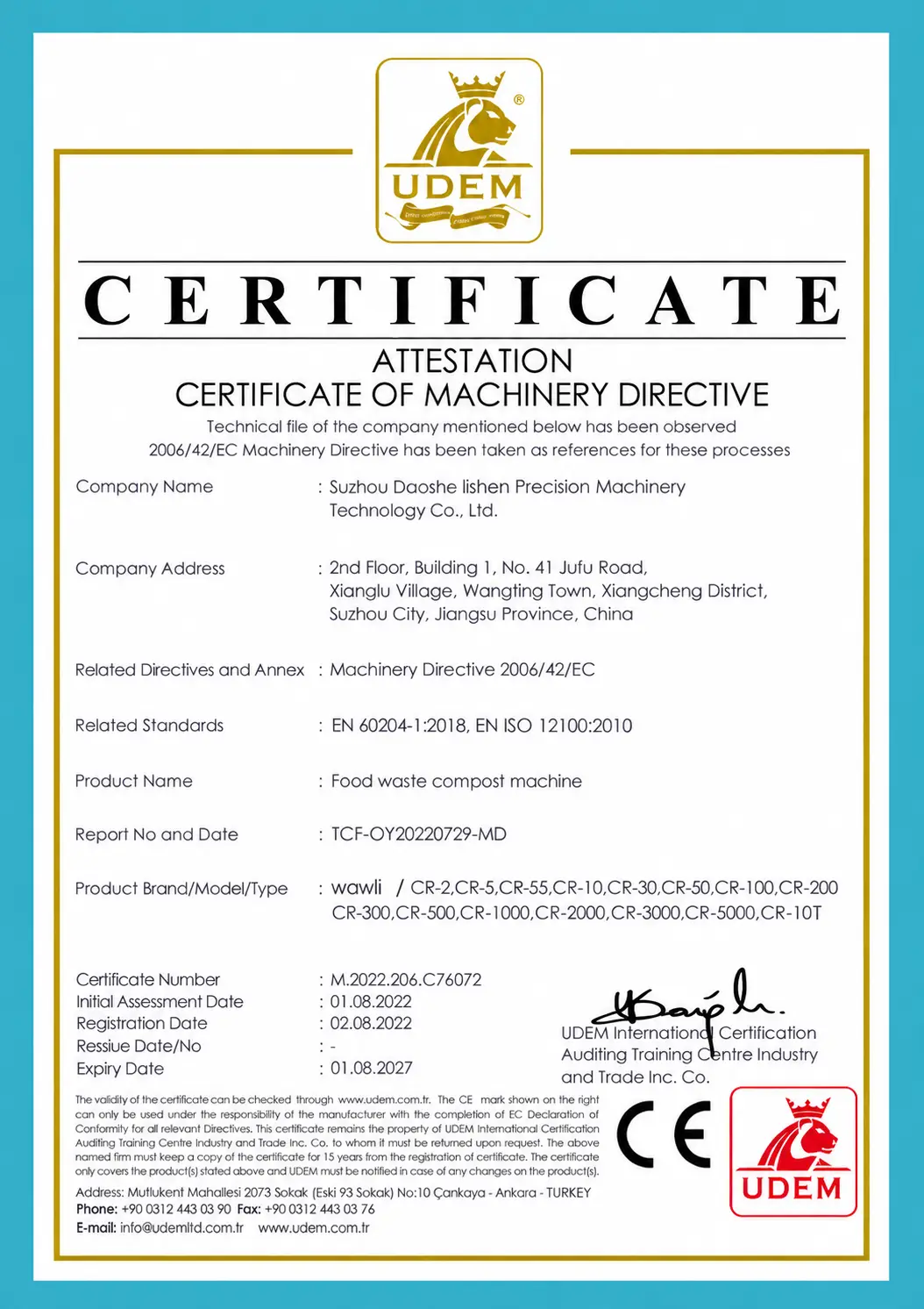 Machinery directive — Certificate of conformity