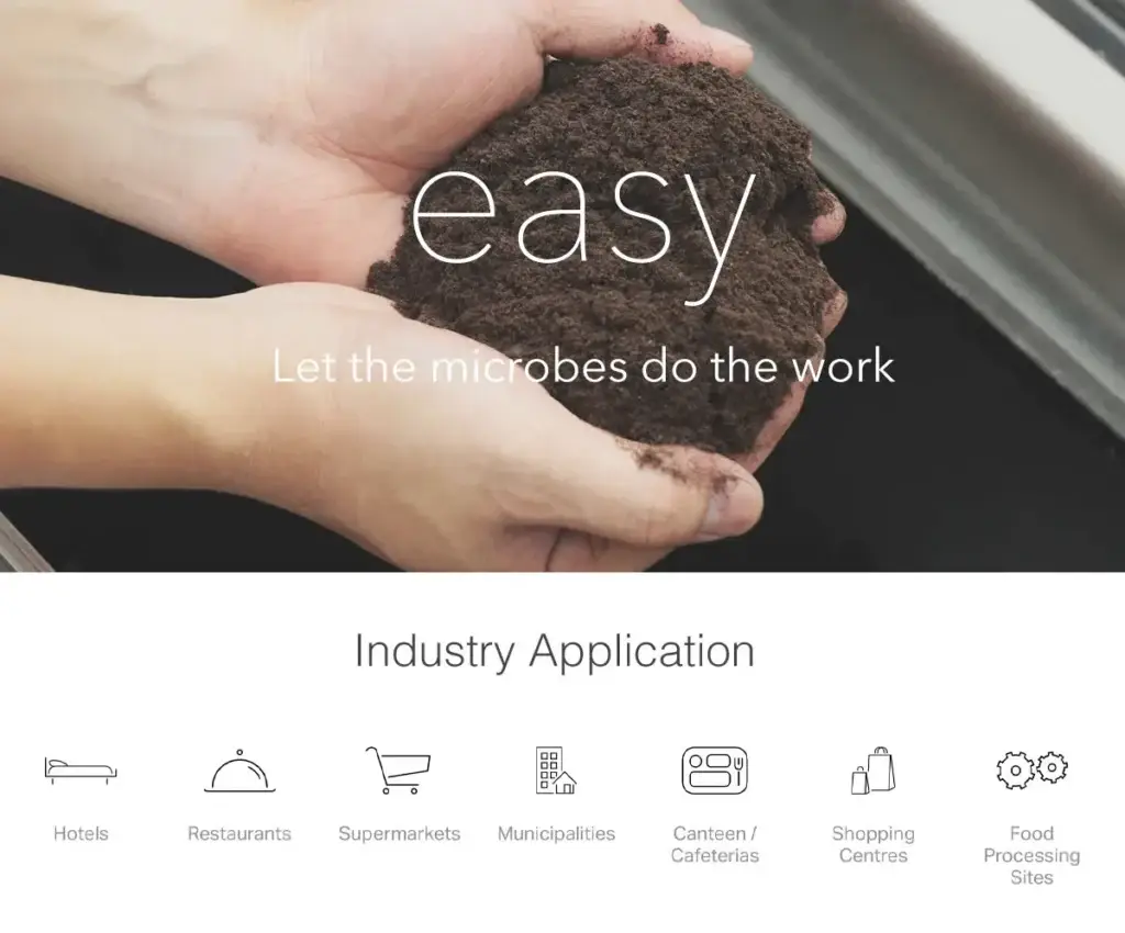 Hands holding processed organic material above icons for hotels, restaurants, supermarkets and other food-waste applications