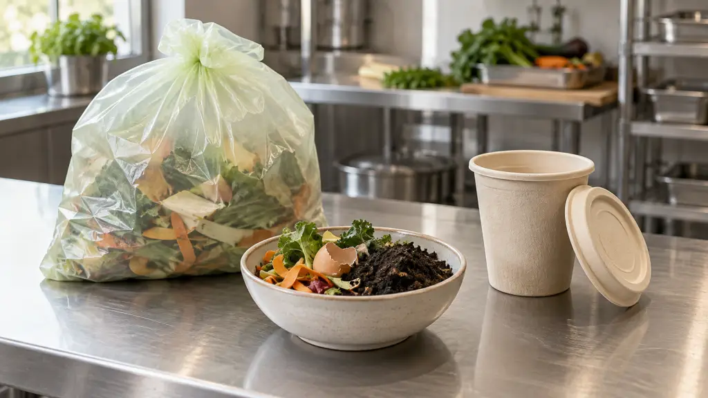Illustrative food-waste liner, vegetable scraps, compost, and molded-fiber takeaway cup on a commercial kitchen worktable