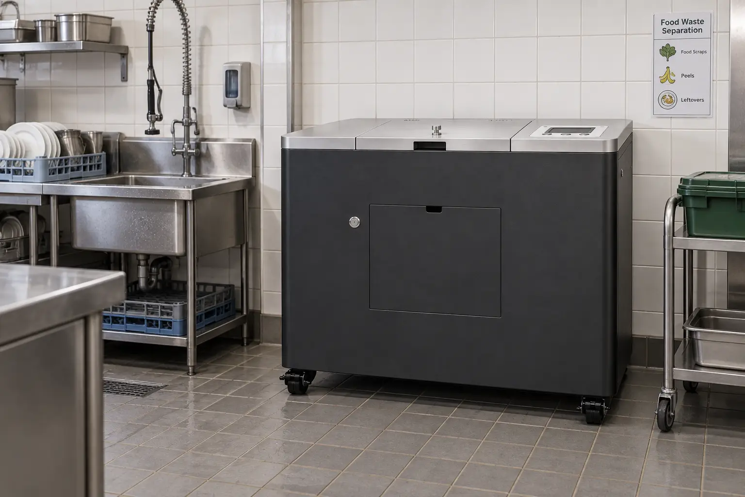 AI-generated illustration of a Wawli Vector 100 in a commercial kitchen back-of-house area