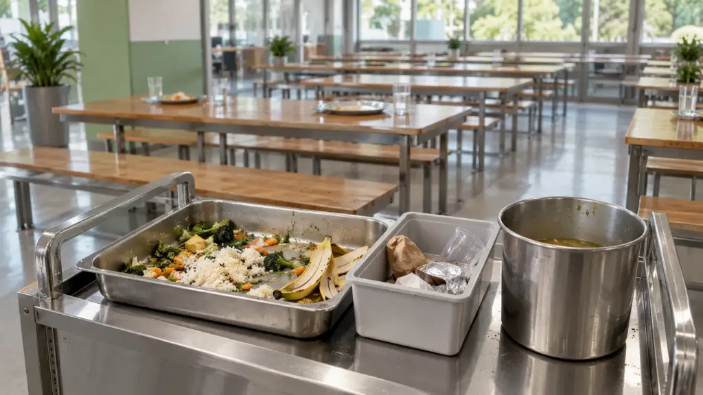 Illustrative school cafeteria station separating food scraps, packaging and leftover liquids after lunch