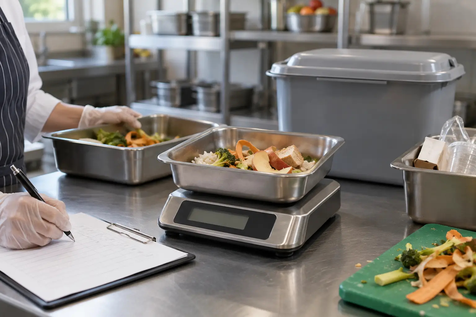 Illustrative kitchen worker weighing sorted school food scraps and recording a waste audit